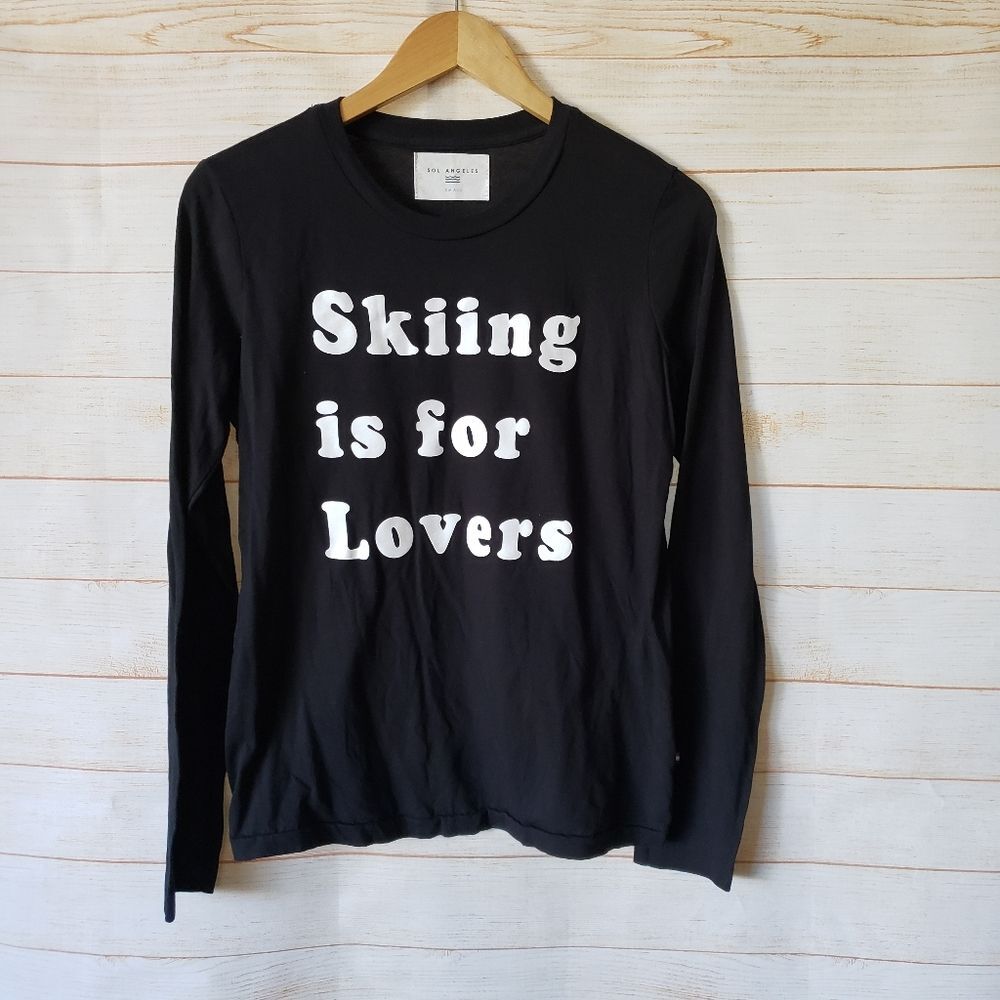 Sol Angeles "skiing is for lovers" Long Sleeve Knit T-Shirt Women's Small Black